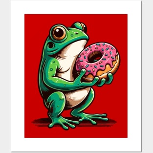 Cute frog carrying a donut Posters and Art